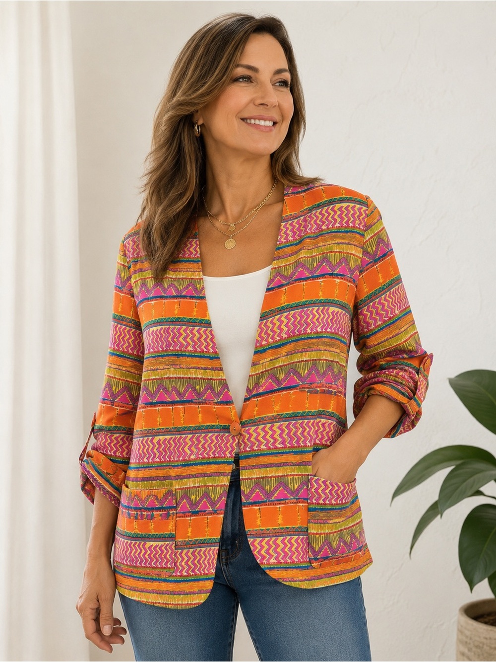august silk 100% silk Multicolor Orange & Pink Patterned Blazer 20